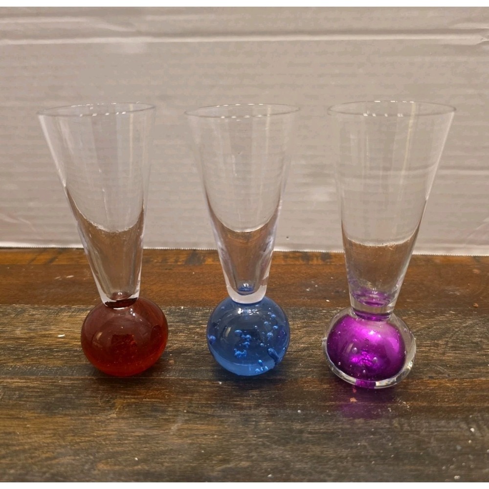 Vtg Hand Blown Cordial Shot Glasses Controlled Bubble Base Set of 3 Jewel Tone